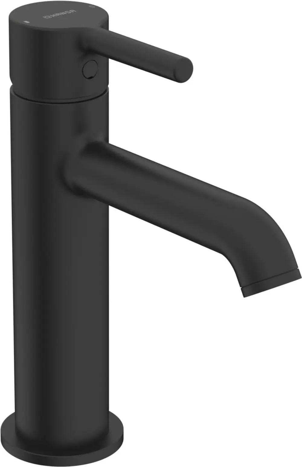 Schwarze Waschtischbatterie von HANSA mit einem hohen, geraden Auslauf und einem Hebelmischer oben. Design für moderne Badezimmer.